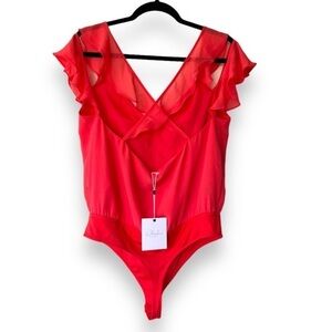 L’Academie Los Angeles Coral Pink Plunge Back Ruffle Cold Shoulder Bodysuit NWT